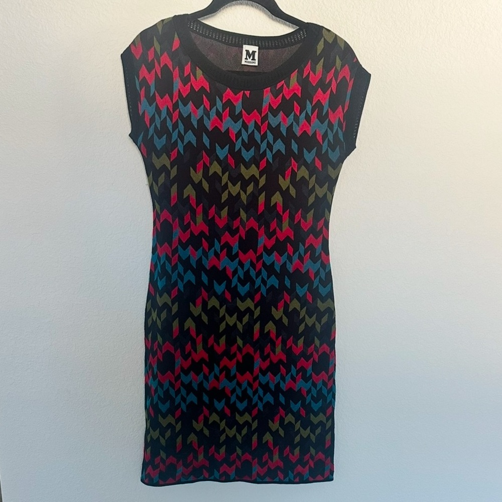 M Missoni Knit Zigzag Bodycon Dress Short Sleeve Size Small Black Multicolor